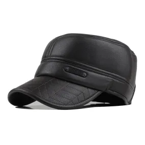Faux Leather Military Cap with Ear Flaps