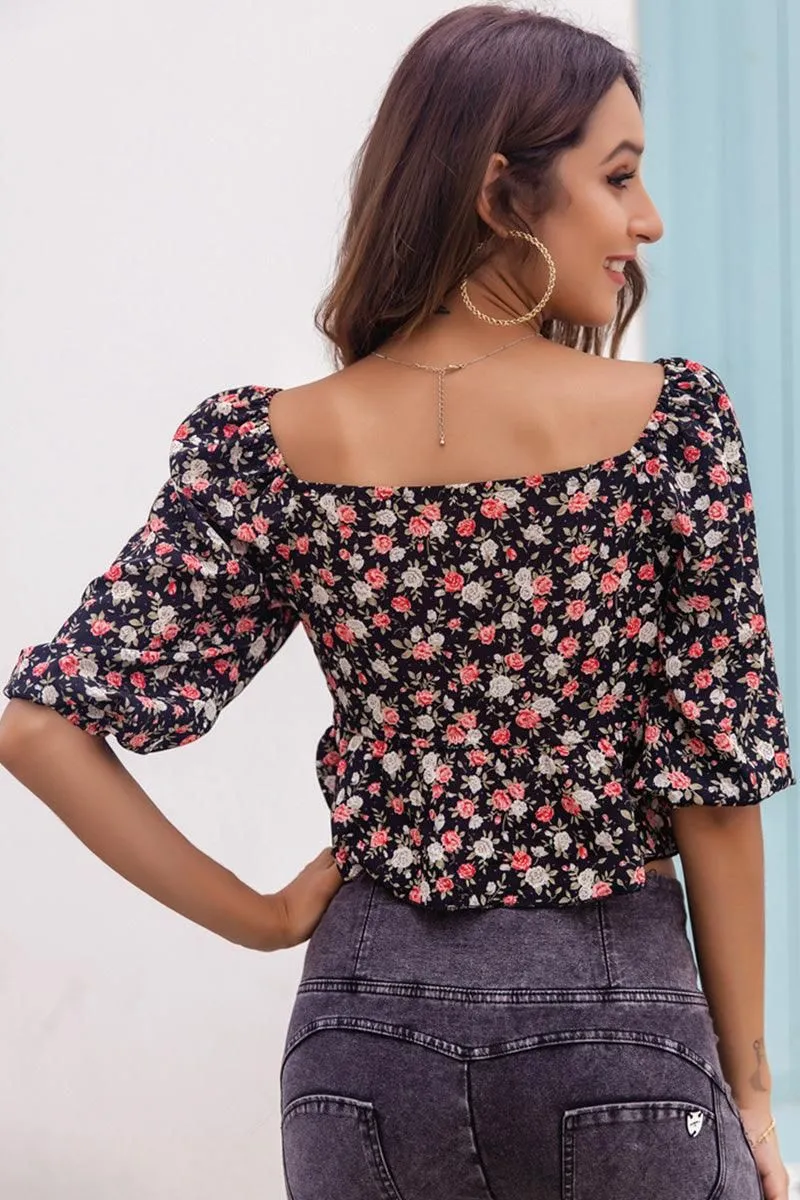 FLORAL PUFF SLEEVES LACE-UP RUFFLE CROP TOP