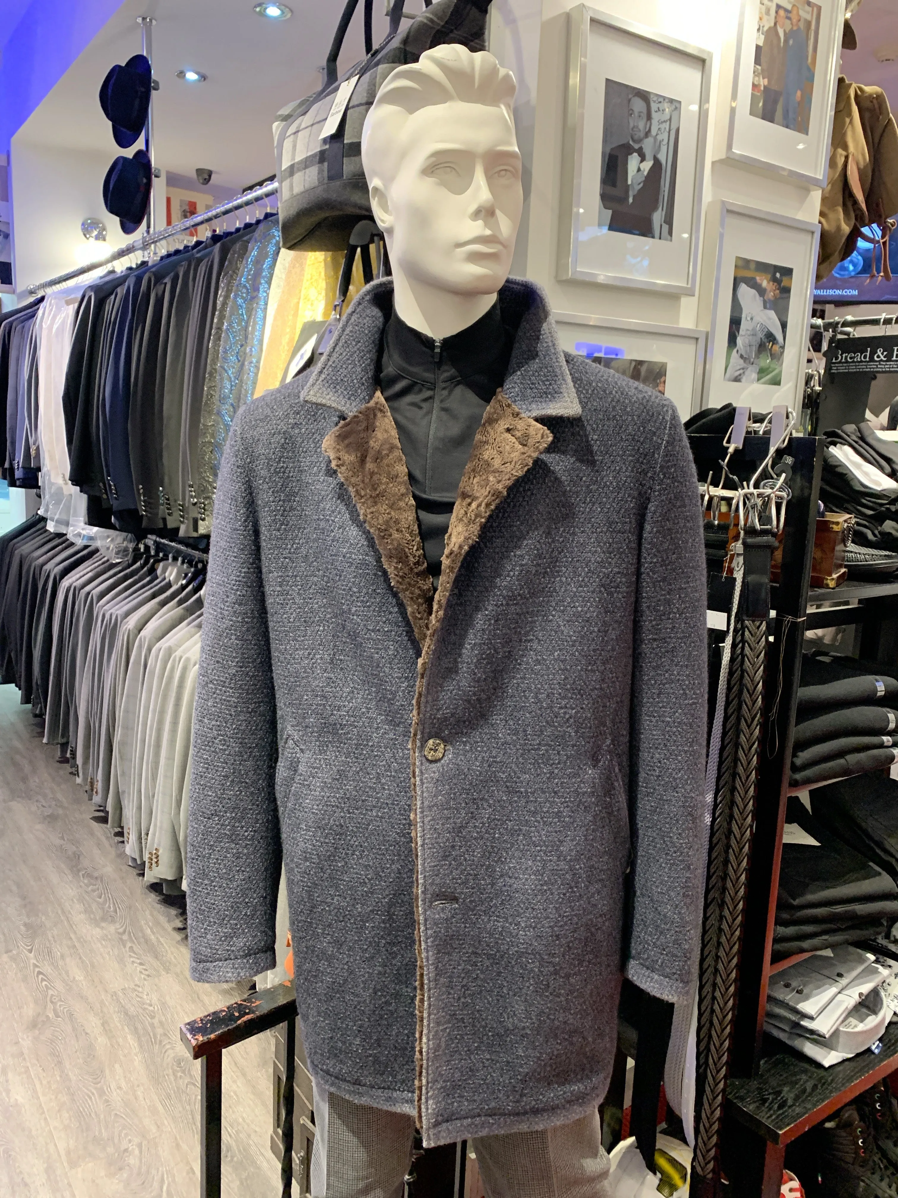 Gimos Over Coat: Denim Blue Knit Stretch with Brown Shearling Lining