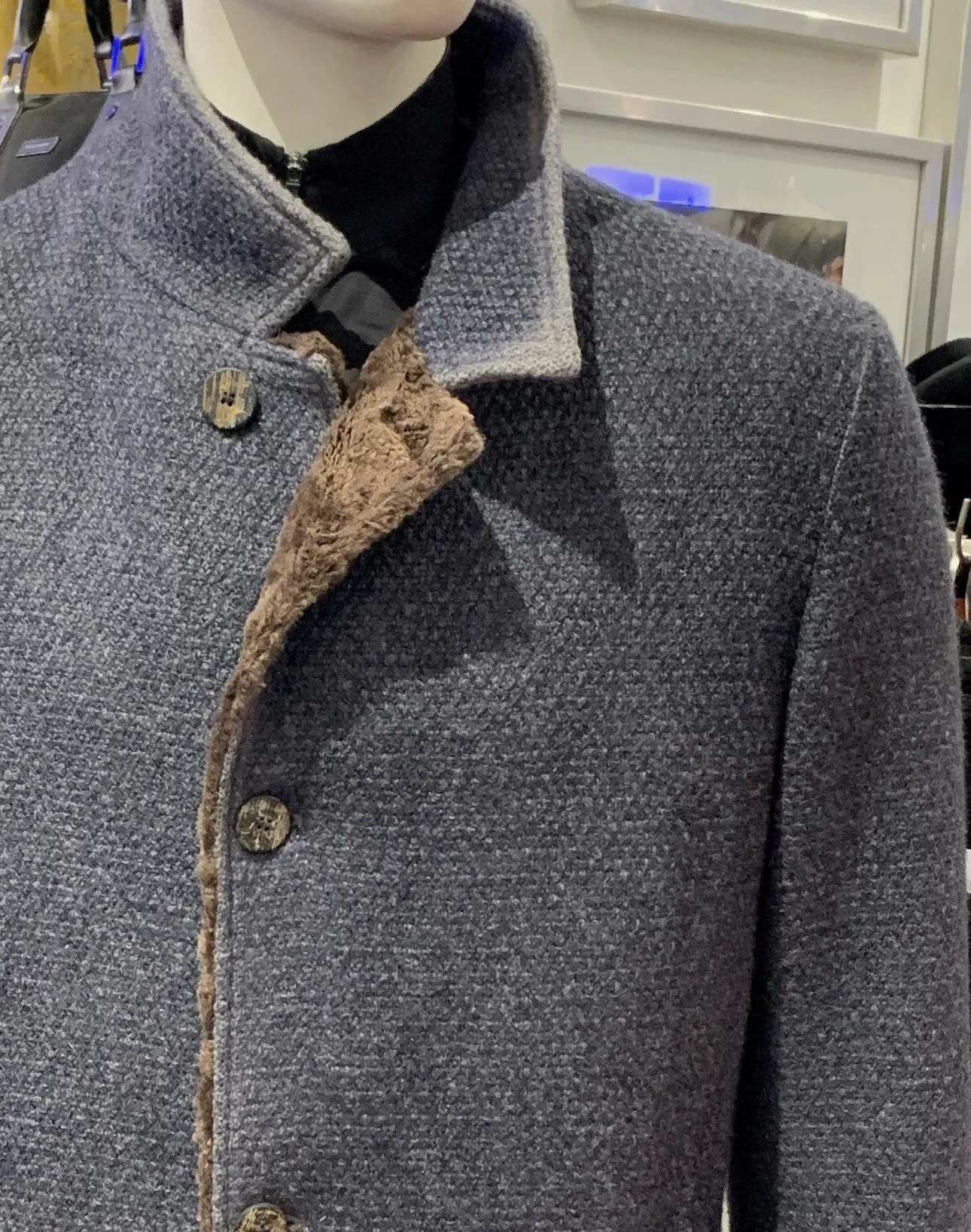Gimos Over Coat: Denim Blue Knit Stretch with Brown Shearling Lining