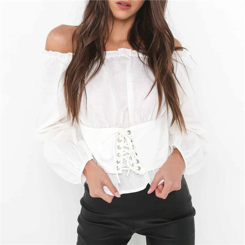 Girlary-shop grunge outfits 2024 Spring Women's Clothing Women's Solid Color off-the-Neck Waist Lace-up off-Shoulder Lantern Sleeve T-shirt