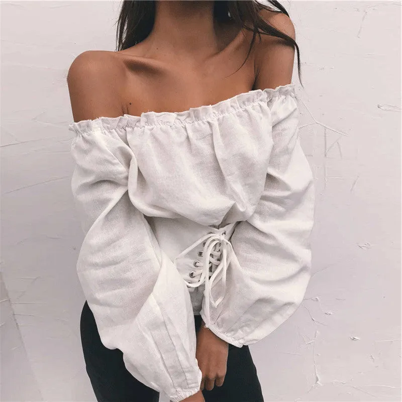 Girlary-shop grunge outfits 2024 Spring Women's Clothing Women's Solid Color off-the-Neck Waist Lace-up off-Shoulder Lantern Sleeve T-shirt