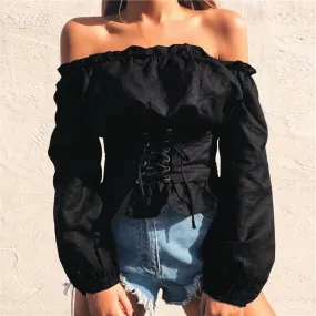 Girlary-shop grunge outfits 2024 Spring Women's Clothing Women's Solid Color off-the-Neck Waist Lace-up off-Shoulder Lantern Sleeve T-shirt