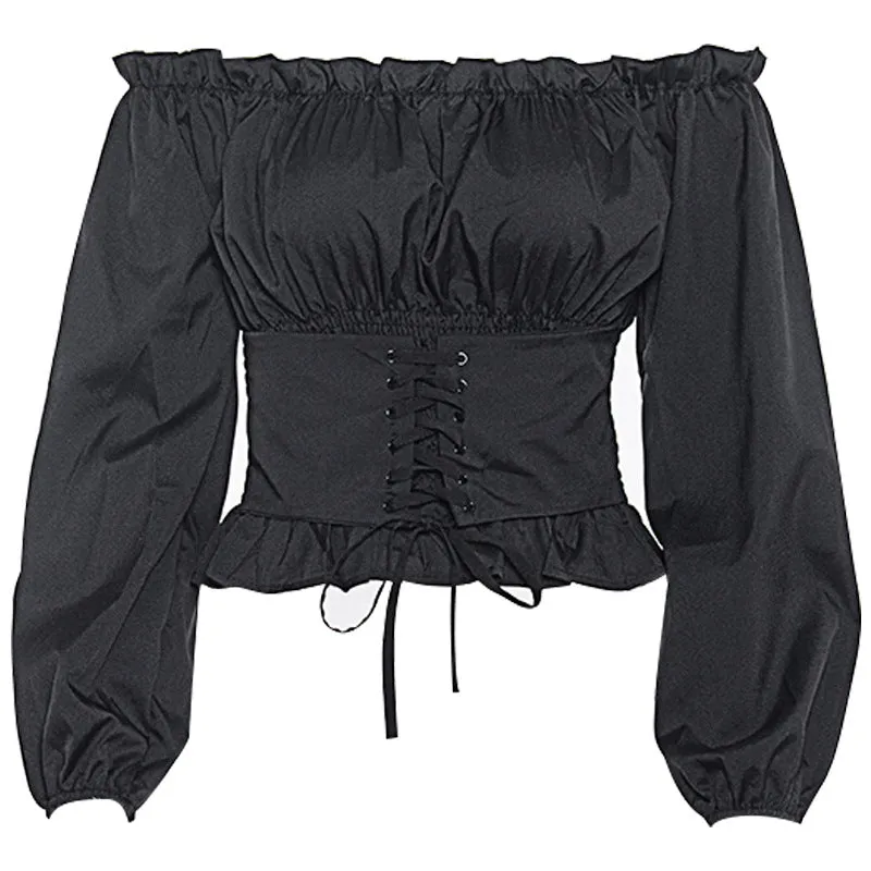 Girlary-shop grunge outfits 2024 Spring Women's Clothing Women's Solid Color off-the-Neck Waist Lace-up off-Shoulder Lantern Sleeve T-shirt