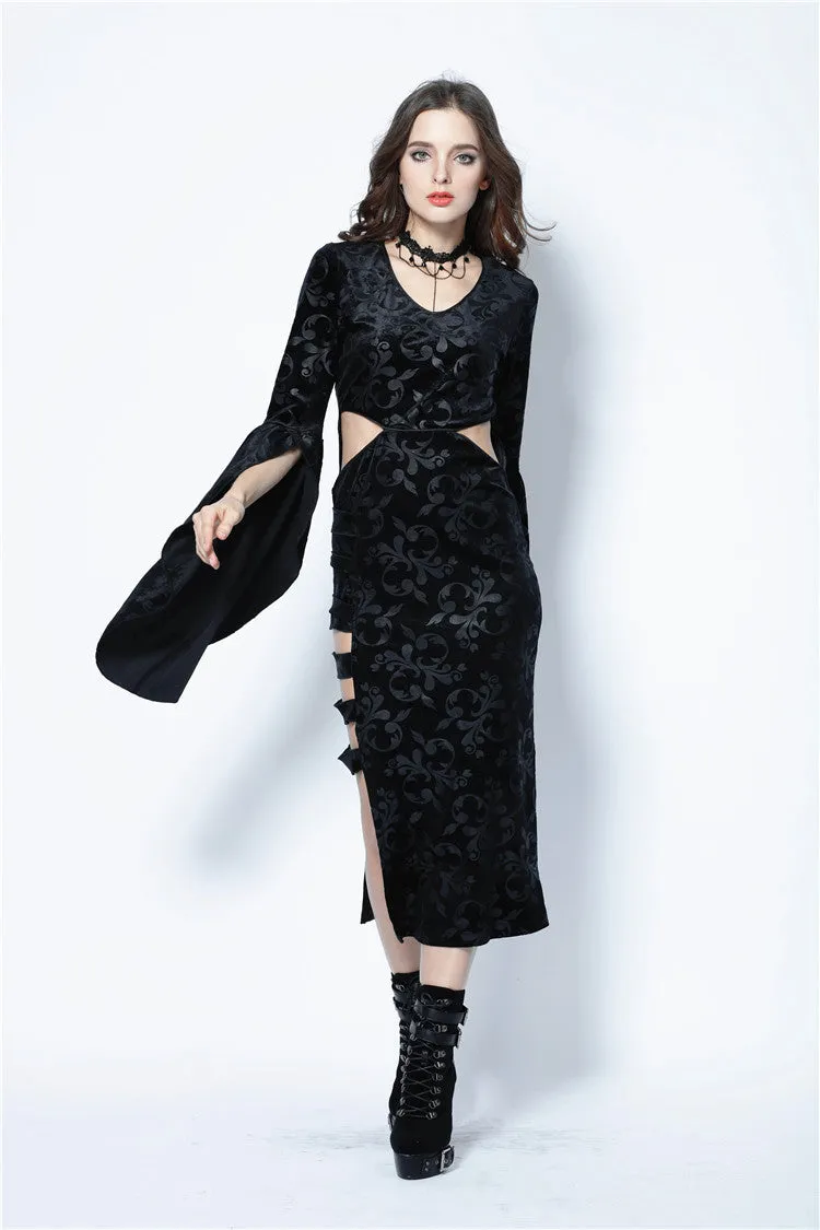 Gothic flocking long dress with triangle on waist DW108