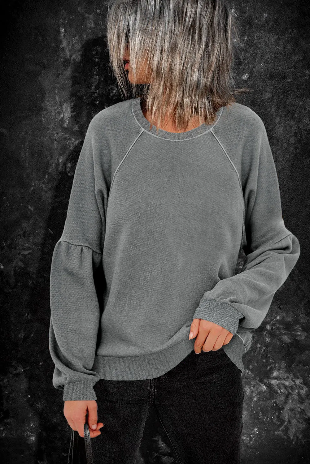 Grey Patchwork Raglan Sleeve Crew Neck Sweatshirts