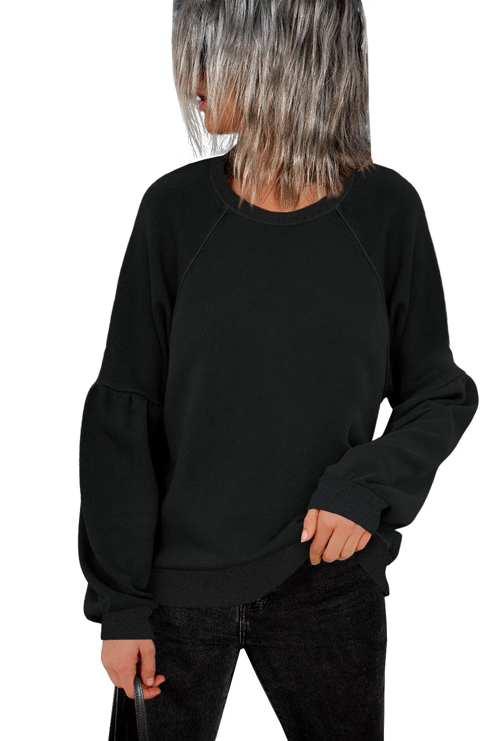 Grey Patchwork Raglan Sleeve Crew Neck Sweatshirts