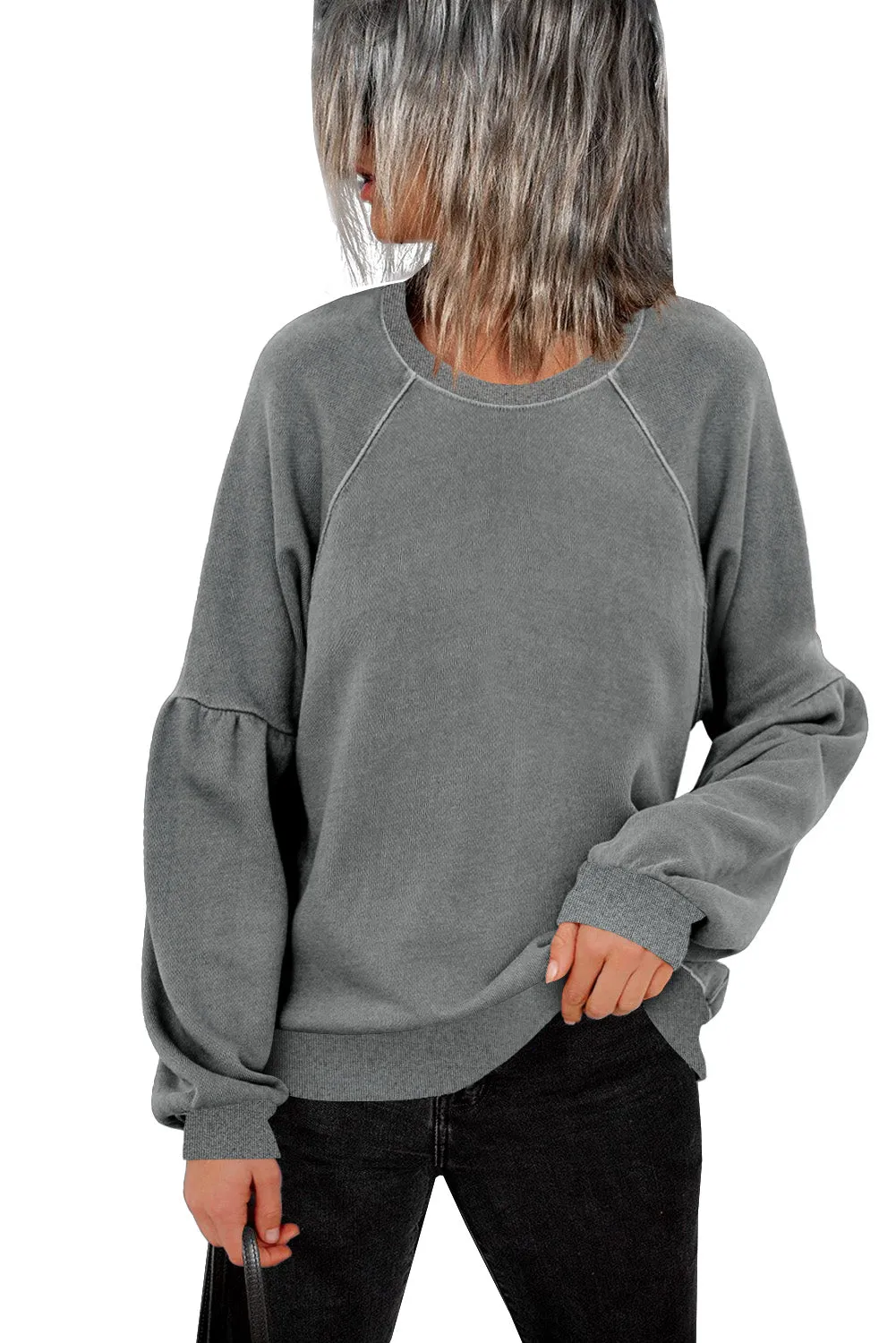 Grey Patchwork Raglan Sleeve Crew Neck Sweatshirts
