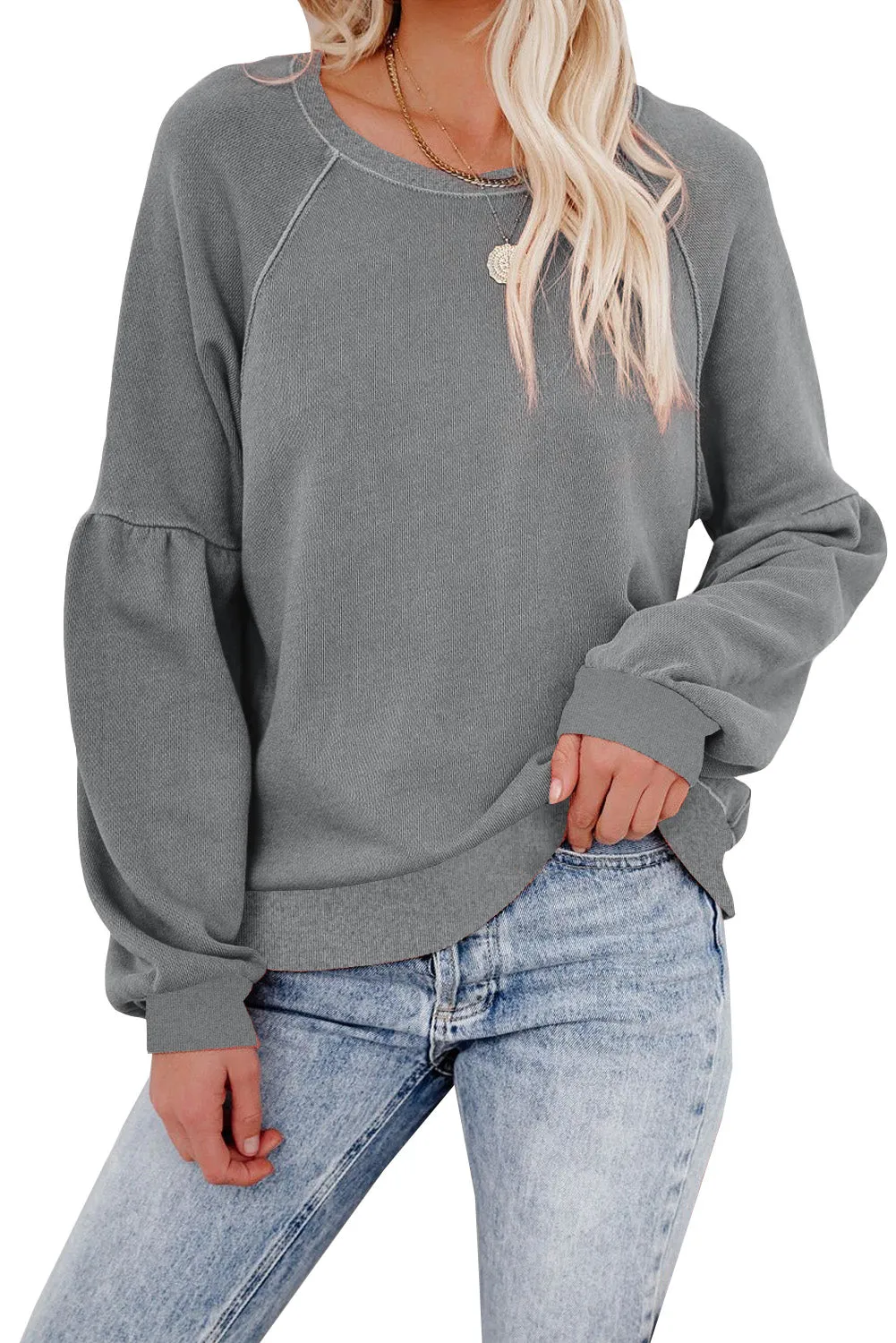 Grey Patchwork Raglan Sleeve Crew Neck Sweatshirts