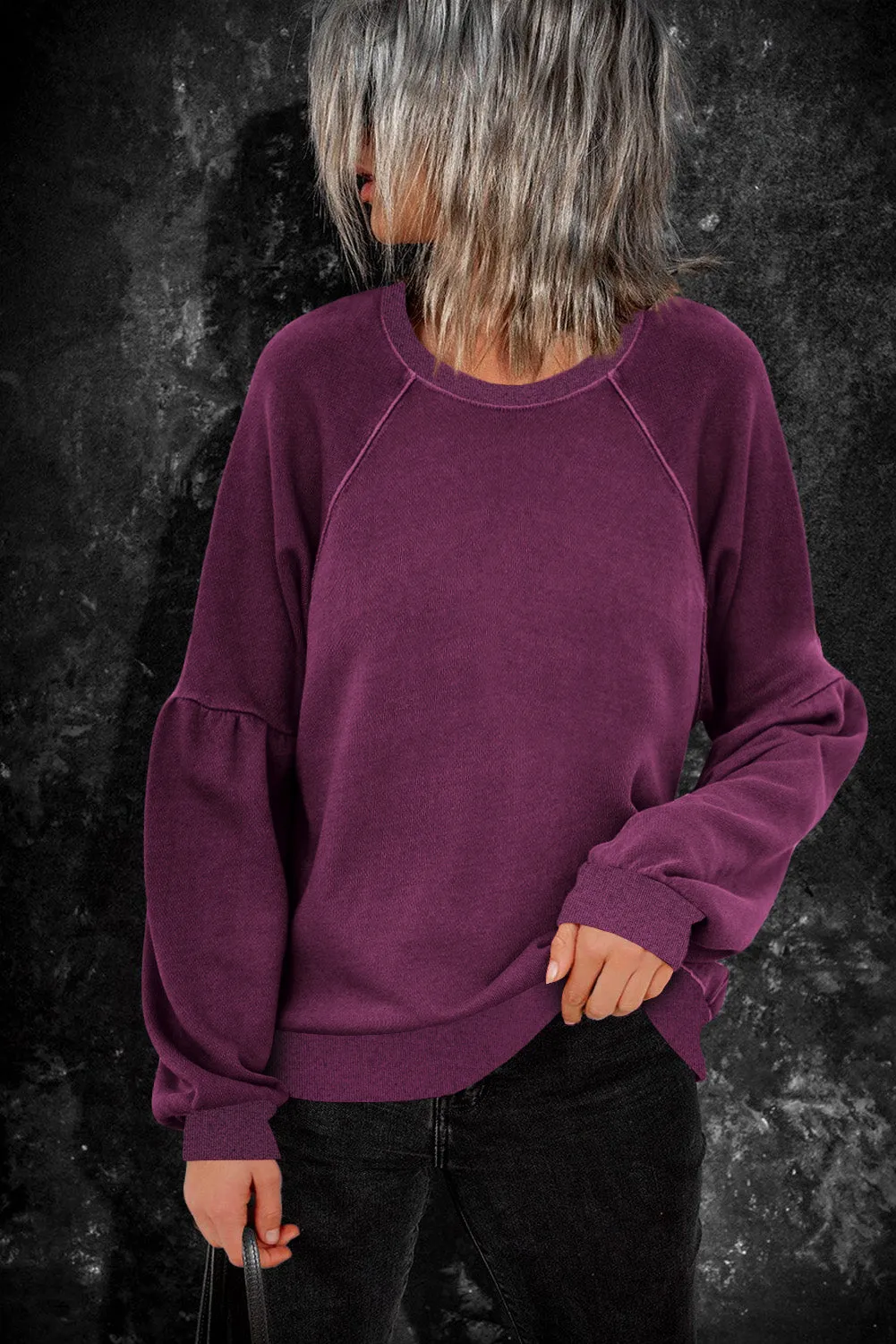 Grey Patchwork Raglan Sleeve Crew Neck Sweatshirts