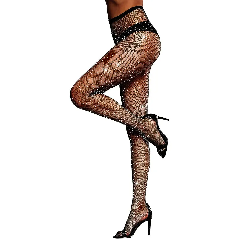 High Waist Tights Sparkle Rhinestone Fishnets Party Rhinestone Mesh Stockings