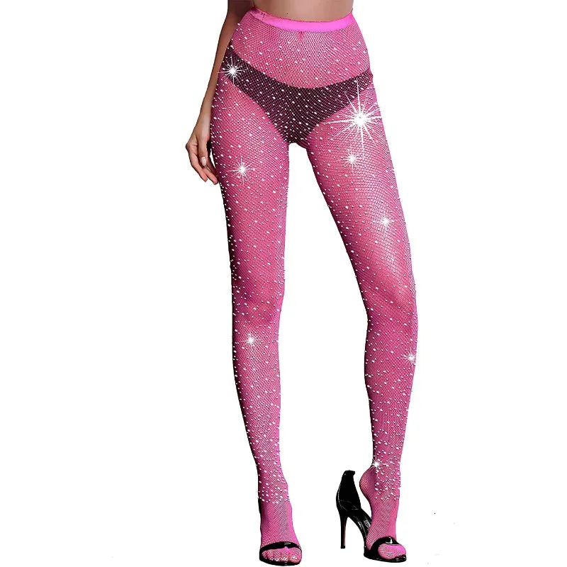 High Waist Tights Sparkle Rhinestone Fishnets Party Rhinestone Mesh Stockings