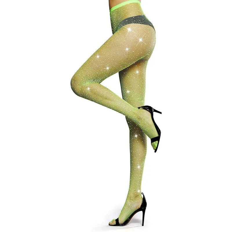 High Waist Tights Sparkle Rhinestone Fishnets Party Rhinestone Mesh Stockings