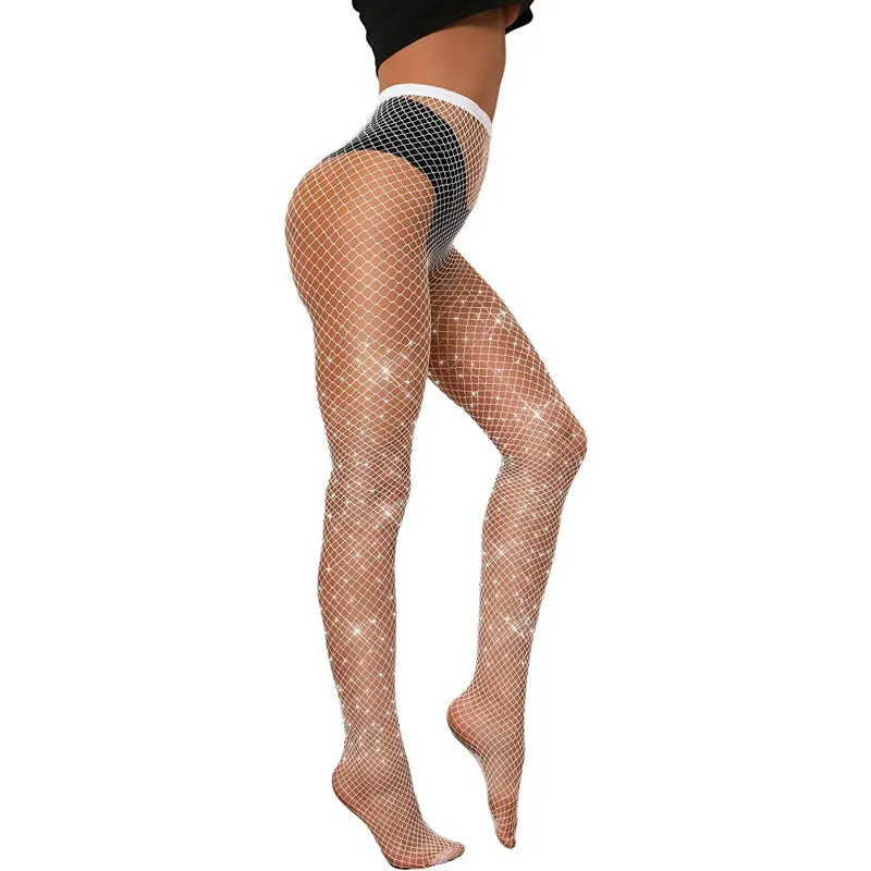 High Waist Tights Sparkle Rhinestone Fishnets Party Rhinestone Mesh Stockings