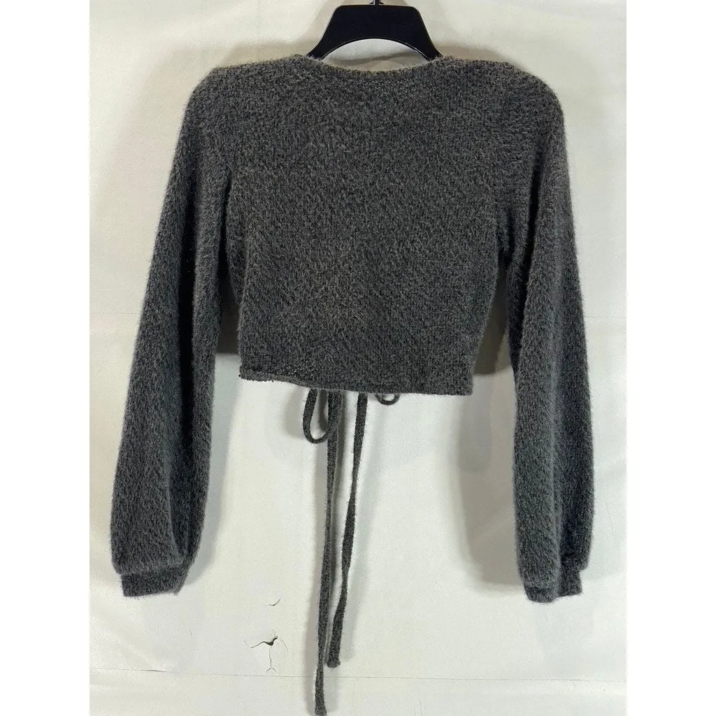HOLLISTER Women's Gray Open Front Knit Waist Tie Long Sleeve Crop Sweater SZ M