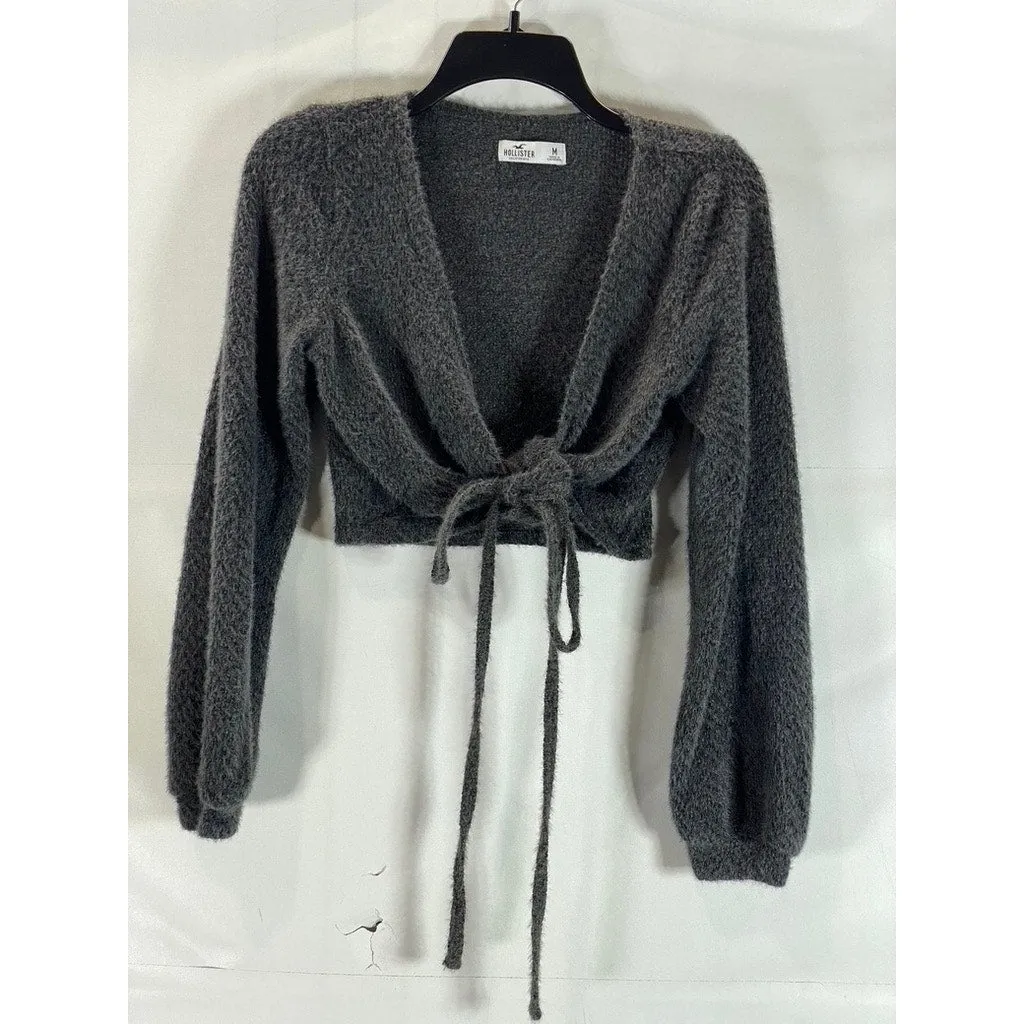 HOLLISTER Women's Gray Open Front Knit Waist Tie Long Sleeve Crop Sweater SZ M