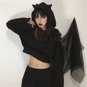 'Ivy' Black Grunge Cat Ear Lace up Hoodie