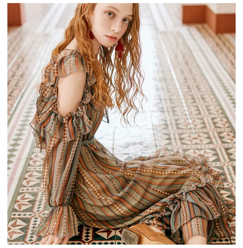 JAM PRINCESS SCARF PRINT RUFFLE HEM AND SLEEVES MIDI DRESS