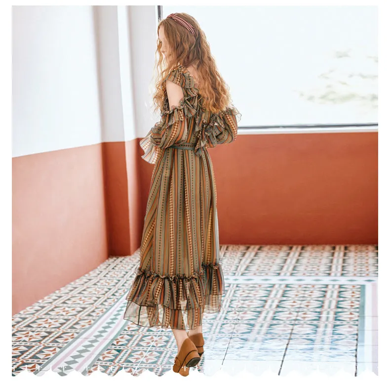 JAM PRINCESS SCARF PRINT RUFFLE HEM AND SLEEVES MIDI DRESS