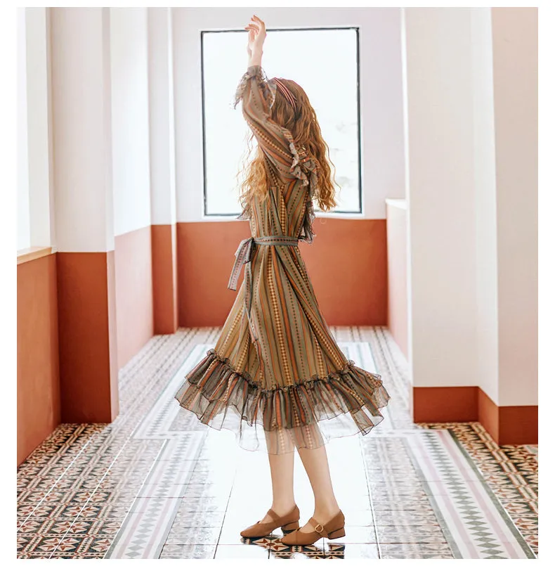 JAM PRINCESS SCARF PRINT RUFFLE HEM AND SLEEVES MIDI DRESS