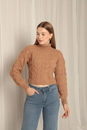 KKT Knitwear Fabric Knit Detailed Women's Camel Sweater - San Javier