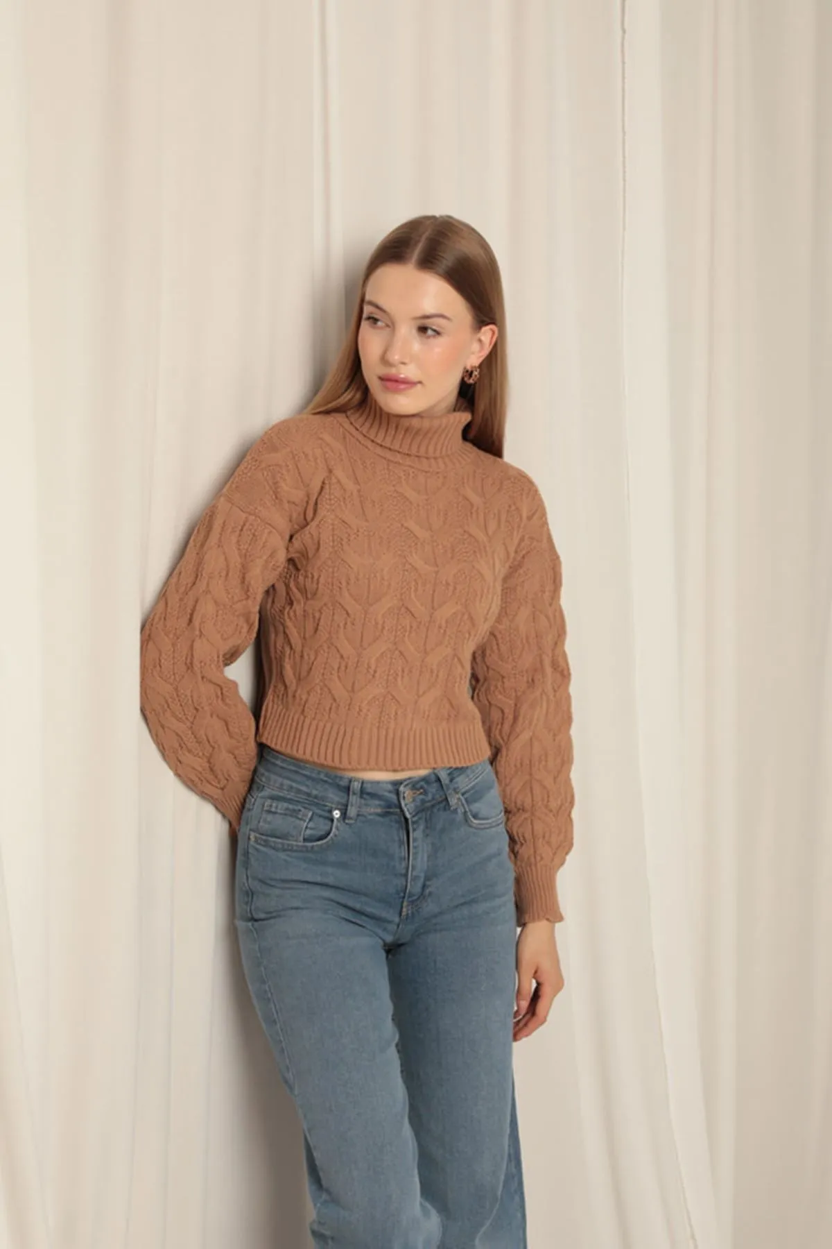 KKT Knitwear Fabric Knit Detailed Women's Camel Sweater - San Javier