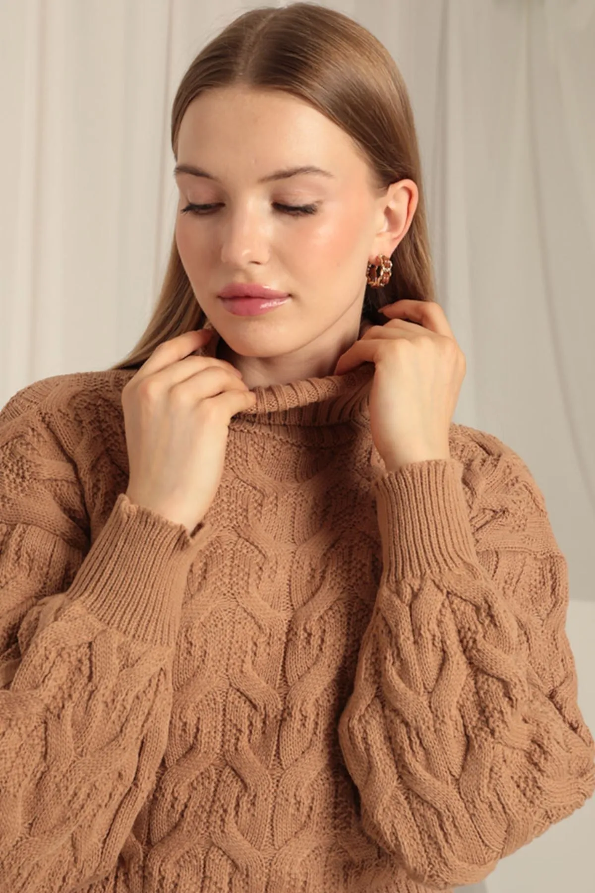 KKT Knitwear Fabric Knit Detailed Women's Camel Sweater - San Javier