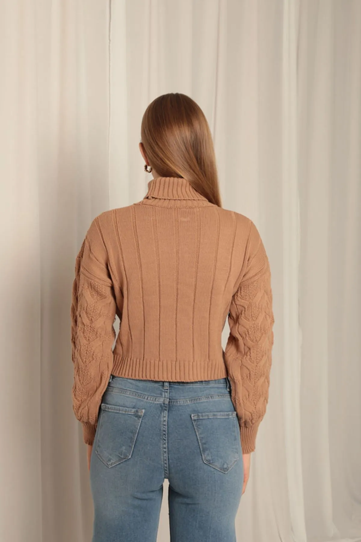 KKT Knitwear Fabric Knit Detailed Women's Camel Sweater - San Javier