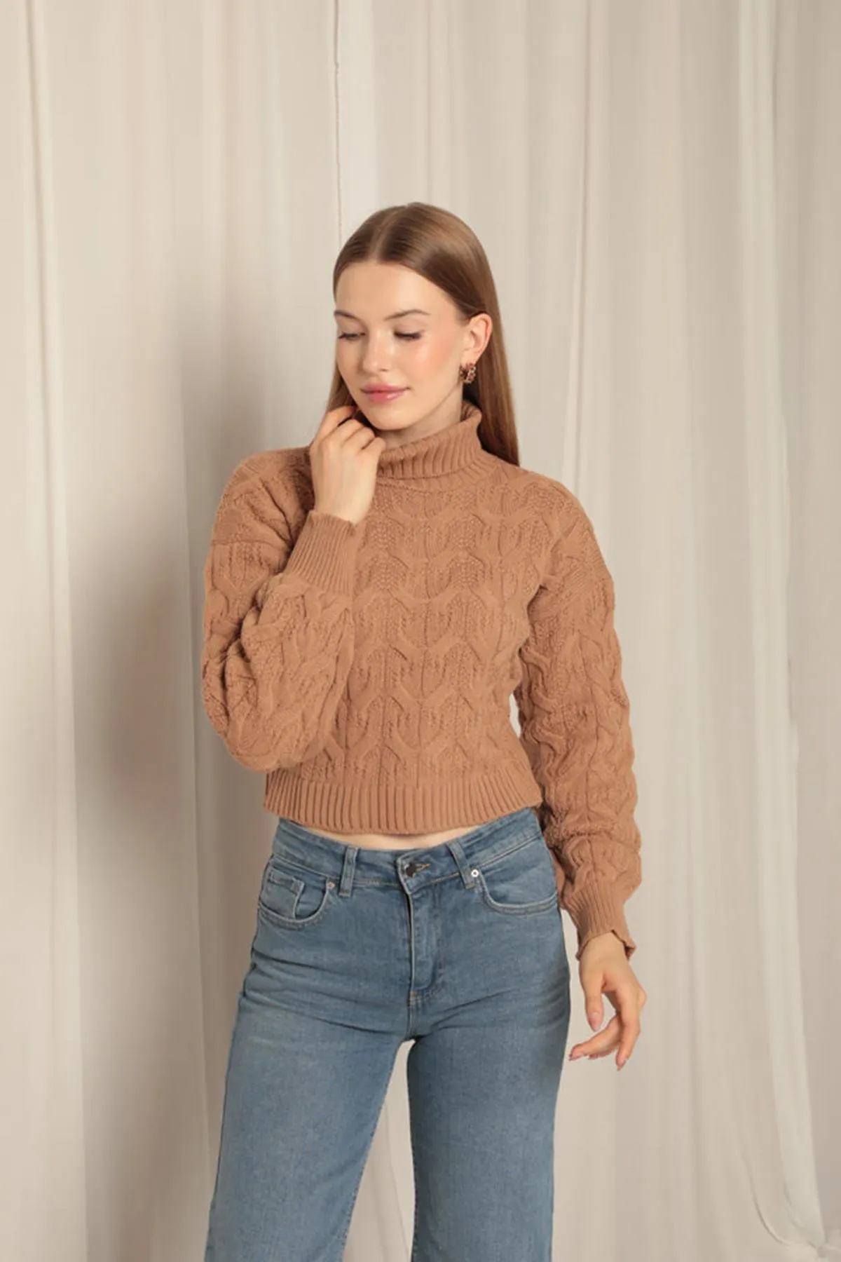 KKT Knitwear Fabric Knit Detailed Women's Camel Sweater - San Javier
