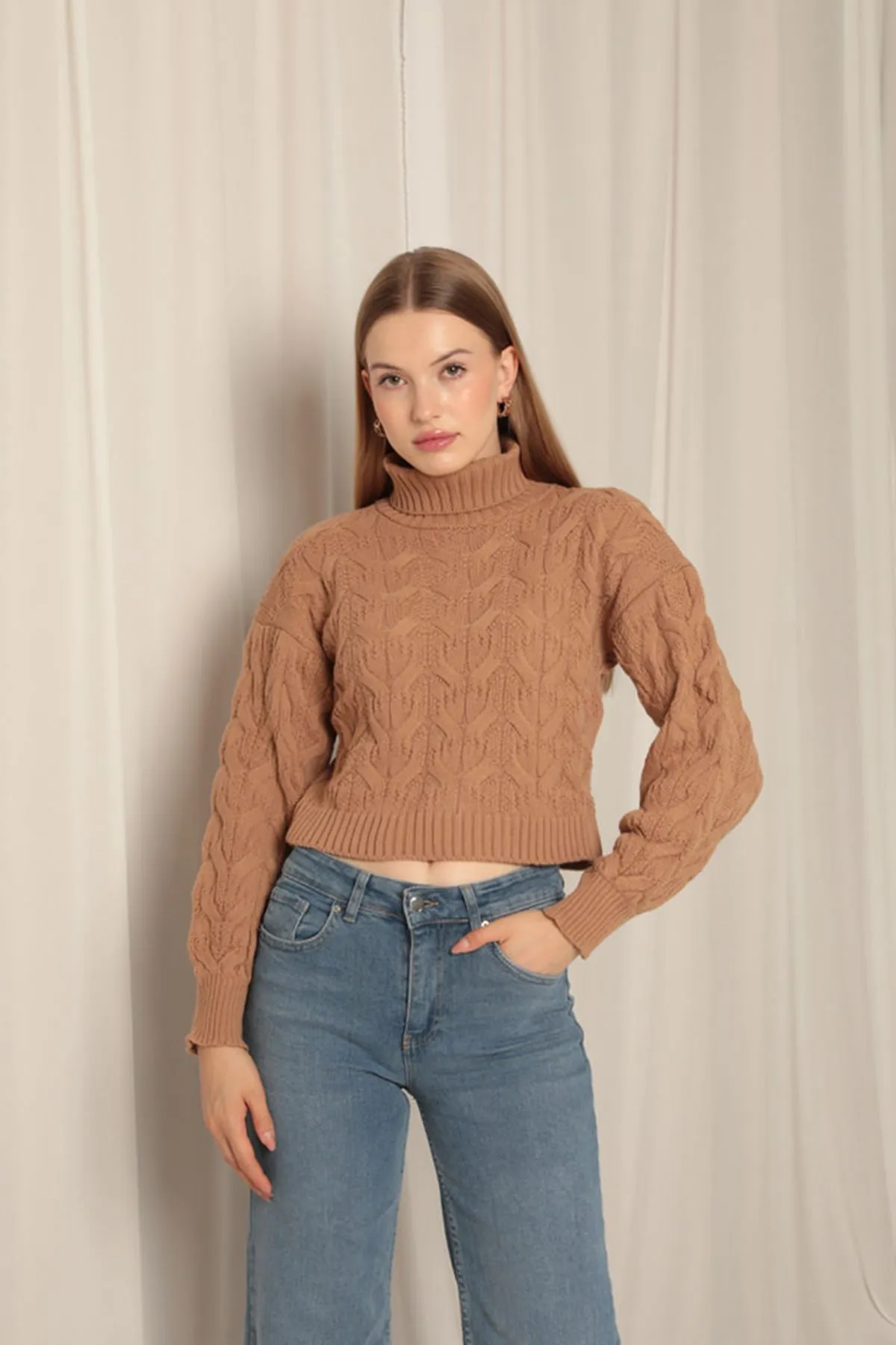 KKT Knitwear Fabric Knit Detailed Women's Camel Sweater - San Javier