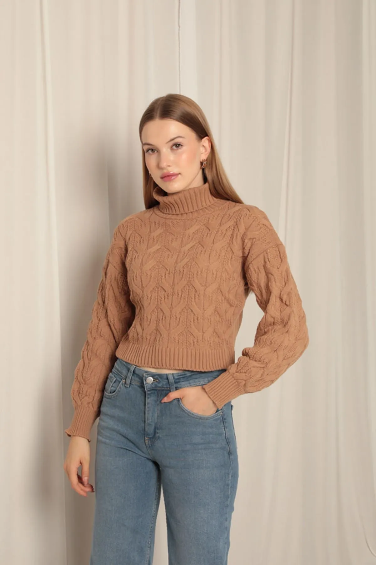 KKT Knitwear Fabric Knit Detailed Women's Camel Sweater - San Javier