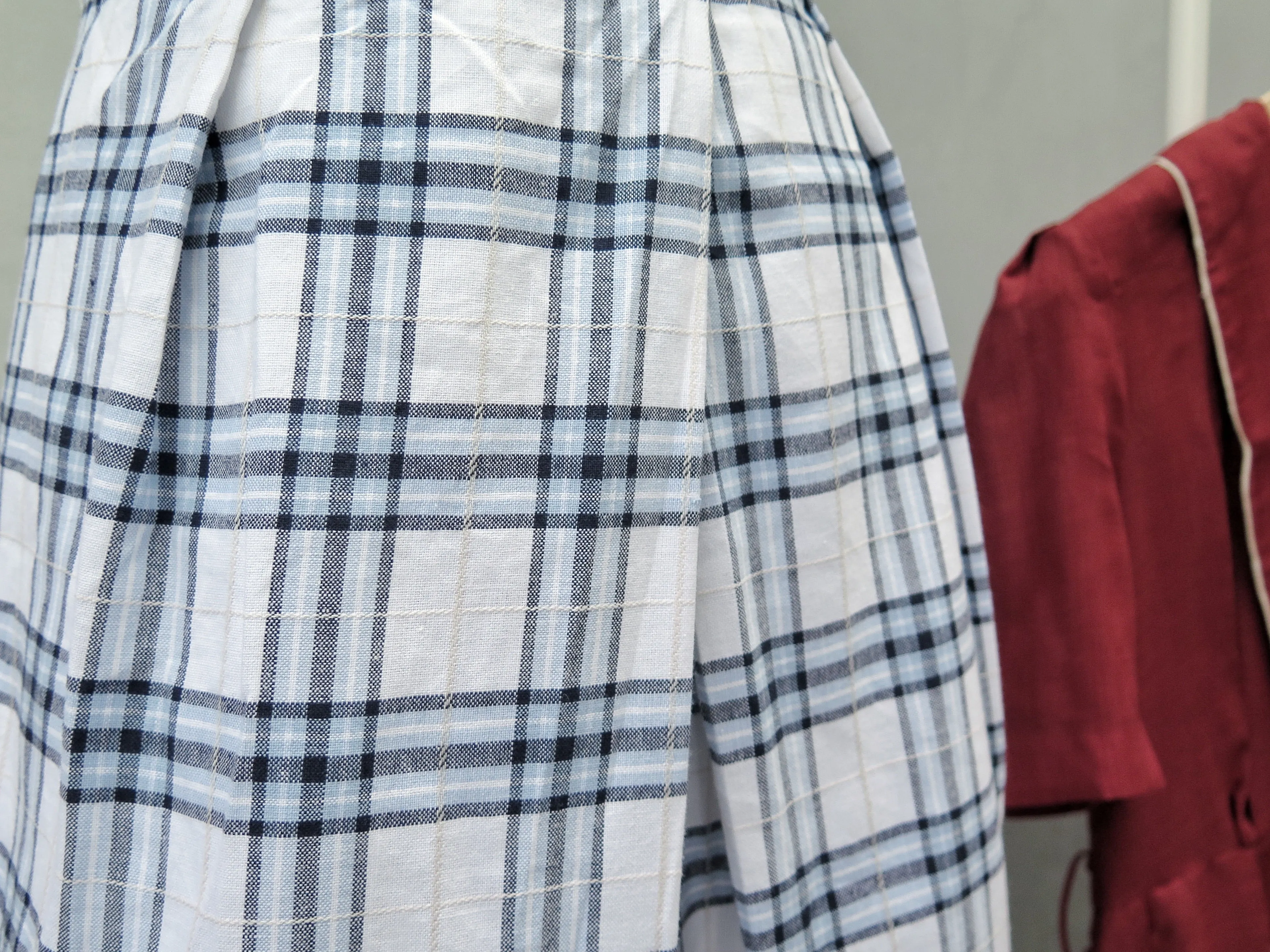 Leanne | Vintage 1950s 1960s Sleeveless textured checkered plaid dress in white and blue