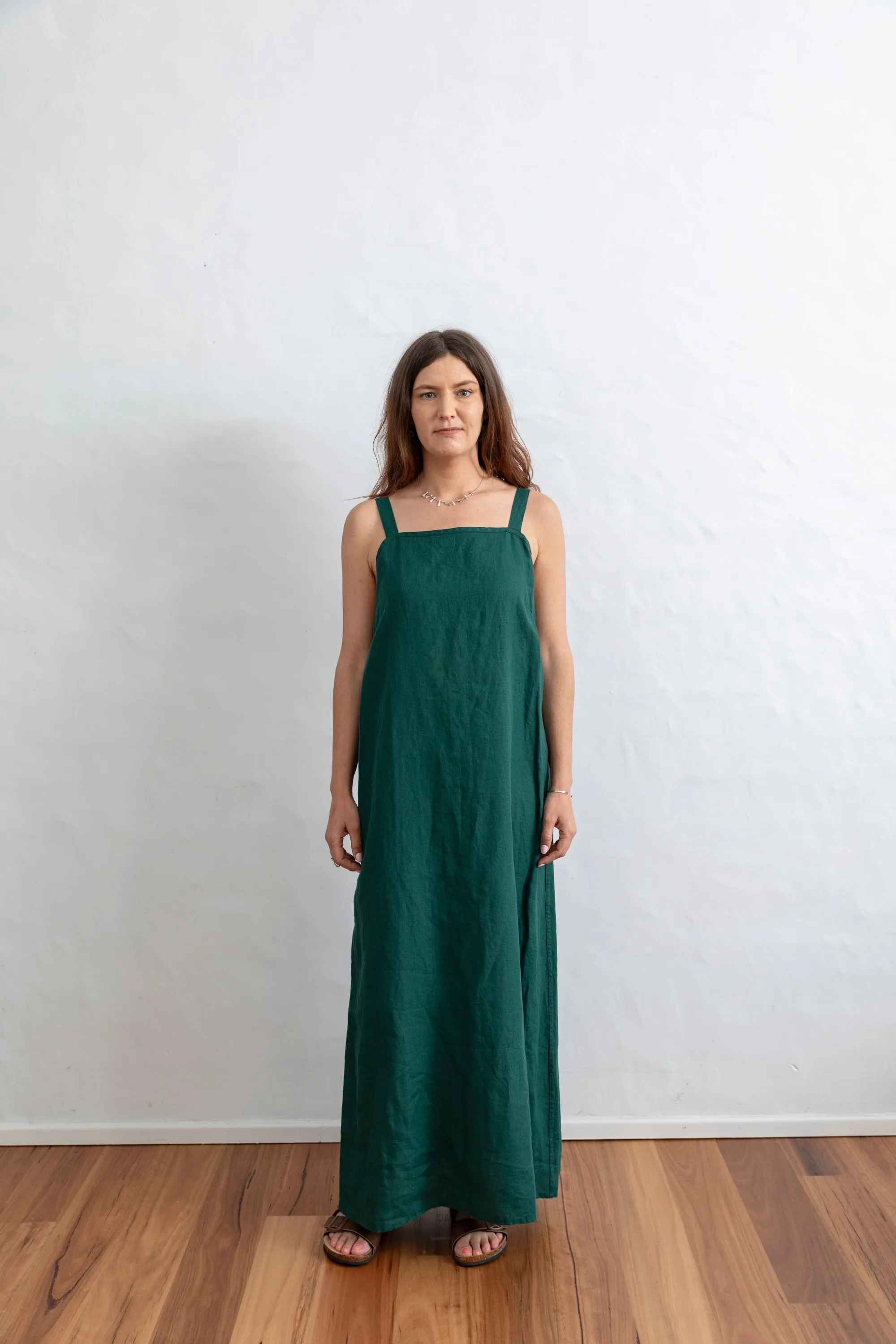 Linen Maxi Dress - Navy and Emerald Green