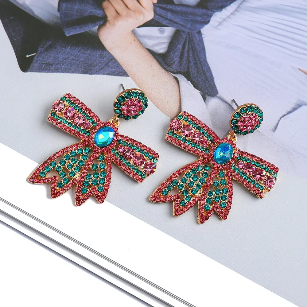 Metal Inlay Multicolor Rhinestone Dangle Earrings For Women