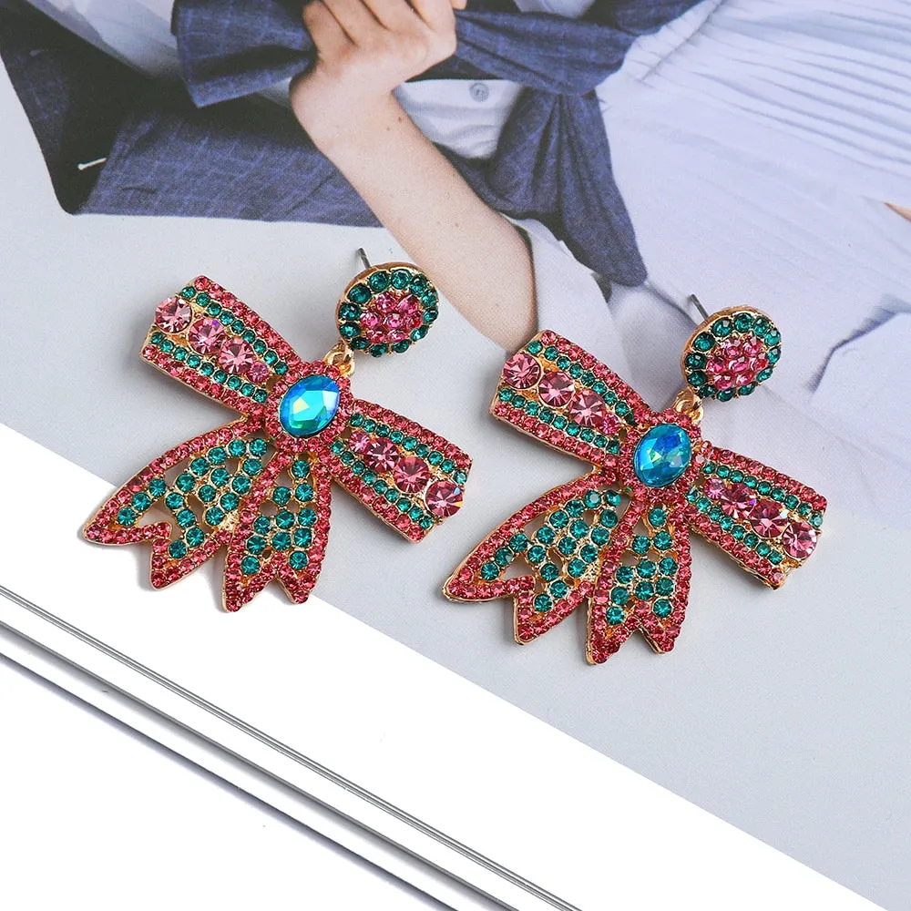 Metal Inlay Multicolor Rhinestone Dangle Earrings For Women