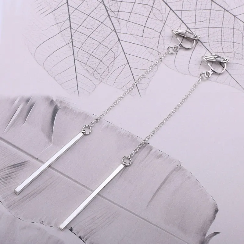 Metal Pole Earrings No Hole Ear Clips Minimalism Geometric Strip Tassels Clip On Earrings