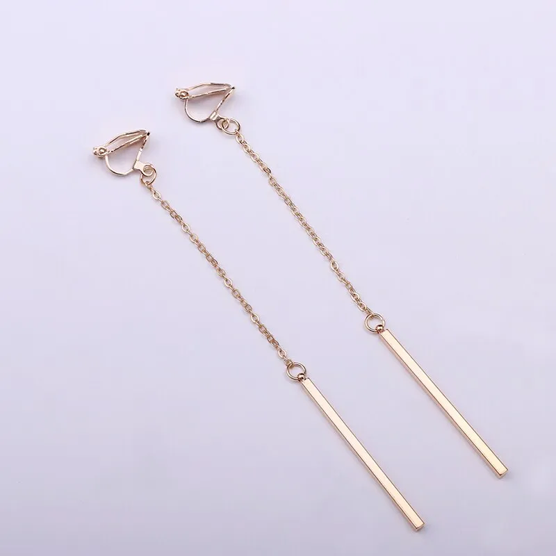 Metal Pole Earrings No Hole Ear Clips Minimalism Geometric Strip Tassels Clip On Earrings