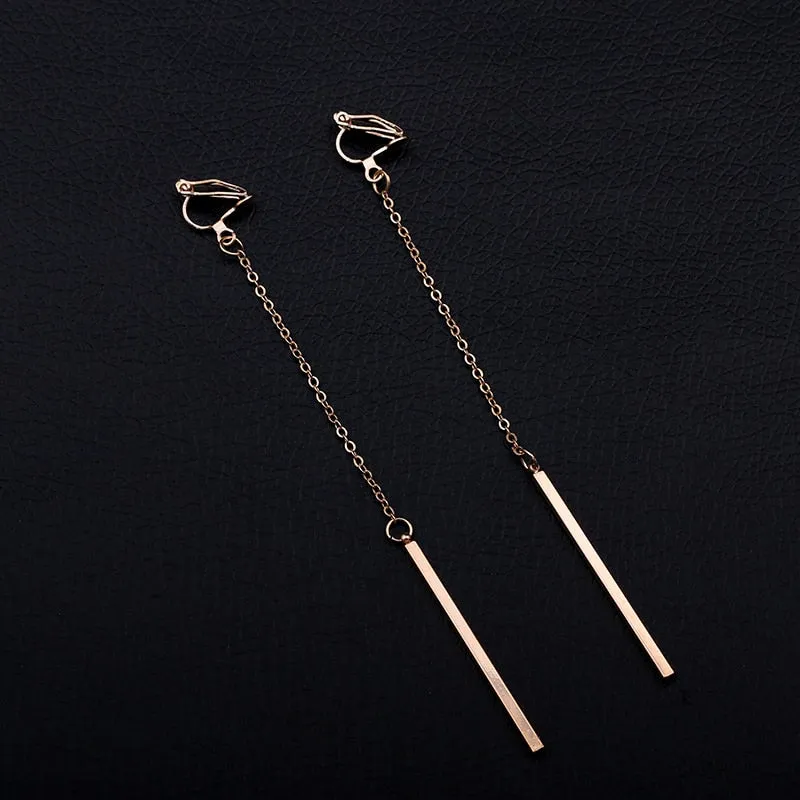 Metal Pole Earrings No Hole Ear Clips Minimalism Geometric Strip Tassels Clip On Earrings