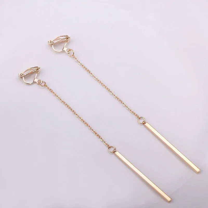 Metal Pole Earrings No Hole Ear Clips Minimalism Geometric Strip Tassels Clip On Earrings