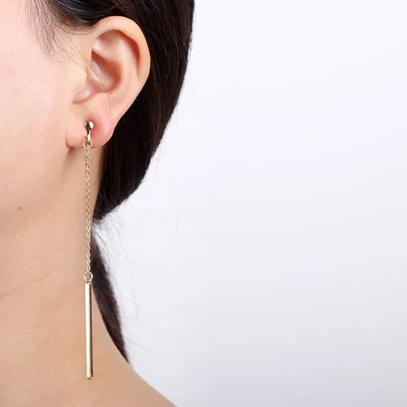 Metal Pole Earrings No Hole Ear Clips Minimalism Geometric Strip Tassels Clip On Earrings