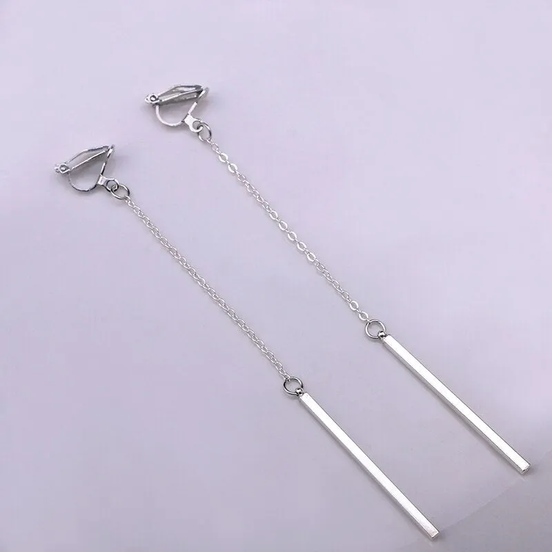 Metal Pole Earrings No Hole Ear Clips Minimalism Geometric Strip Tassels Clip On Earrings