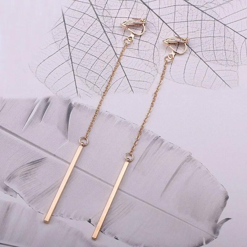 Metal Pole Earrings No Hole Ear Clips Minimalism Geometric Strip Tassels Clip On Earrings