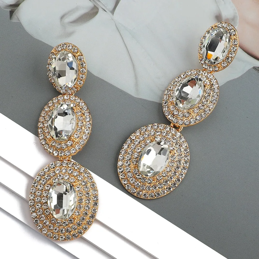 Modern Elegant Fashion Multiple Round Metal Full Crystal Dangle Earrings