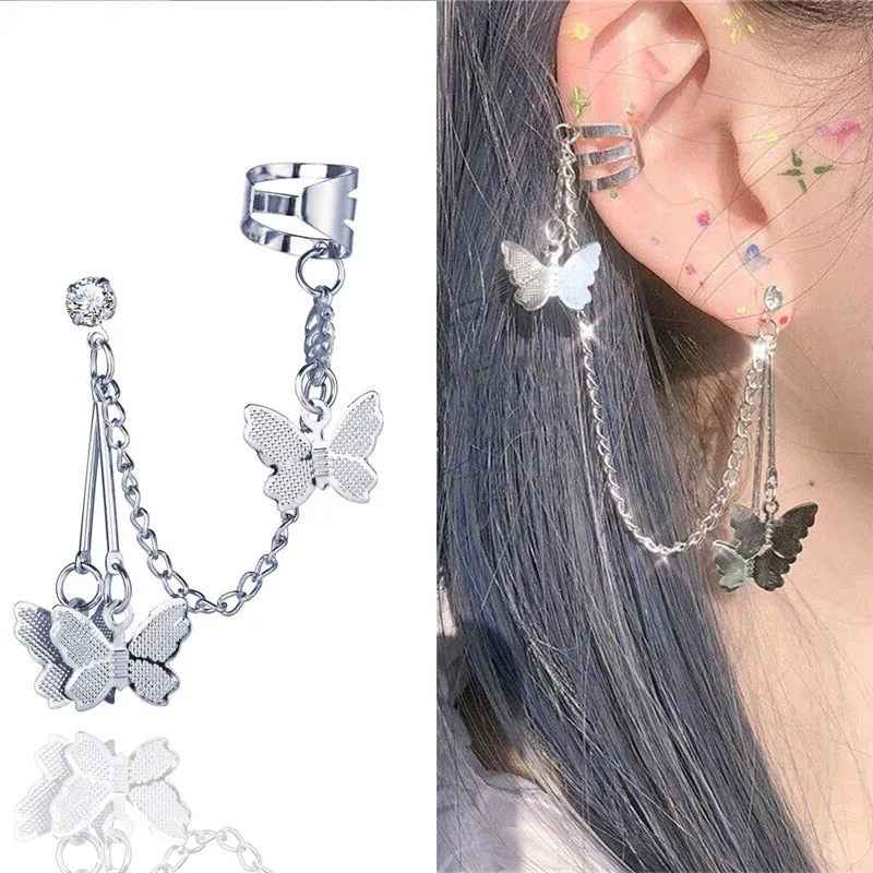 Modyle 2021 Fashion Butterfly Clip Earrings Ear hook Silver Color Ear Clips Double pierced Earring Earrings Women Girls Jewelry