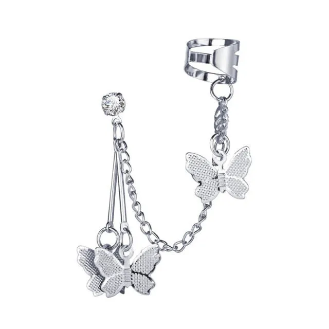 Modyle 2021 Fashion Butterfly Clip Earrings Ear hook Silver Color Ear Clips Double pierced Earring Earrings Women Girls Jewelry