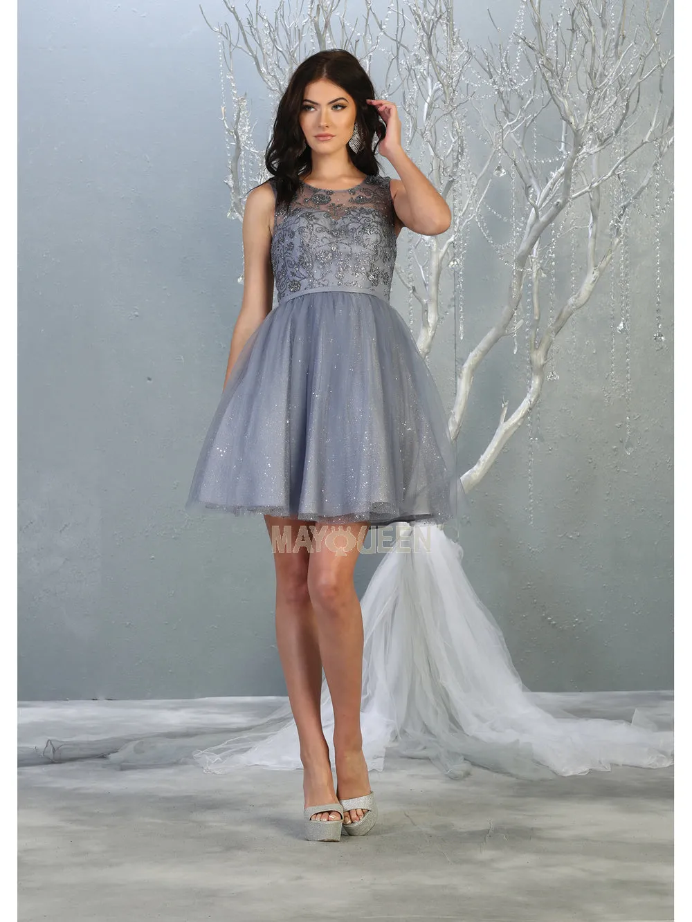 MQ 1803 - Shimmer Tulle A-Line Homecoming Dress with Glitter Print Bodice