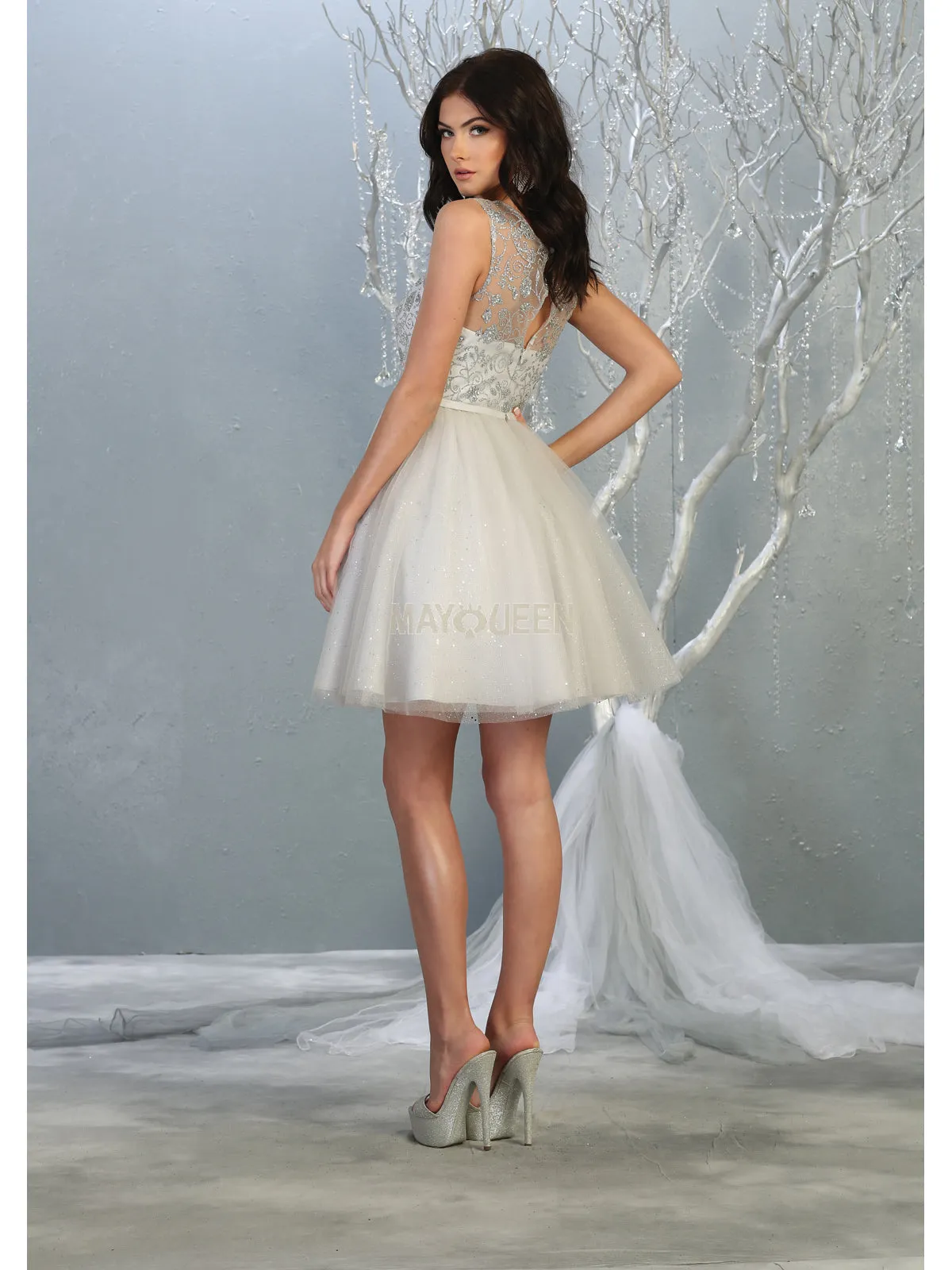 MQ 1803 - Shimmer Tulle A-Line Homecoming Dress with Glitter Print Bodice