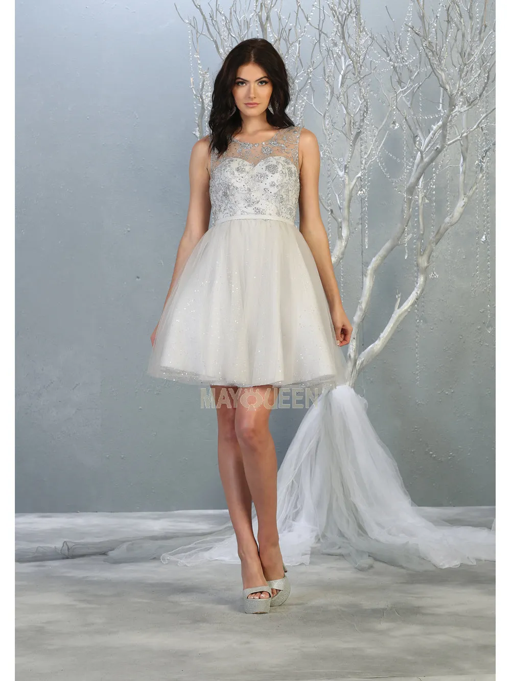 MQ 1803 - Shimmer Tulle A-Line Homecoming Dress with Glitter Print Bodice