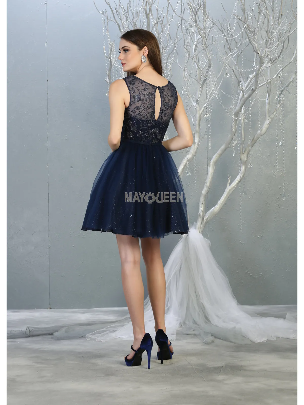 MQ 1803 - Shimmer Tulle A-Line Homecoming Dress with Glitter Print Bodice