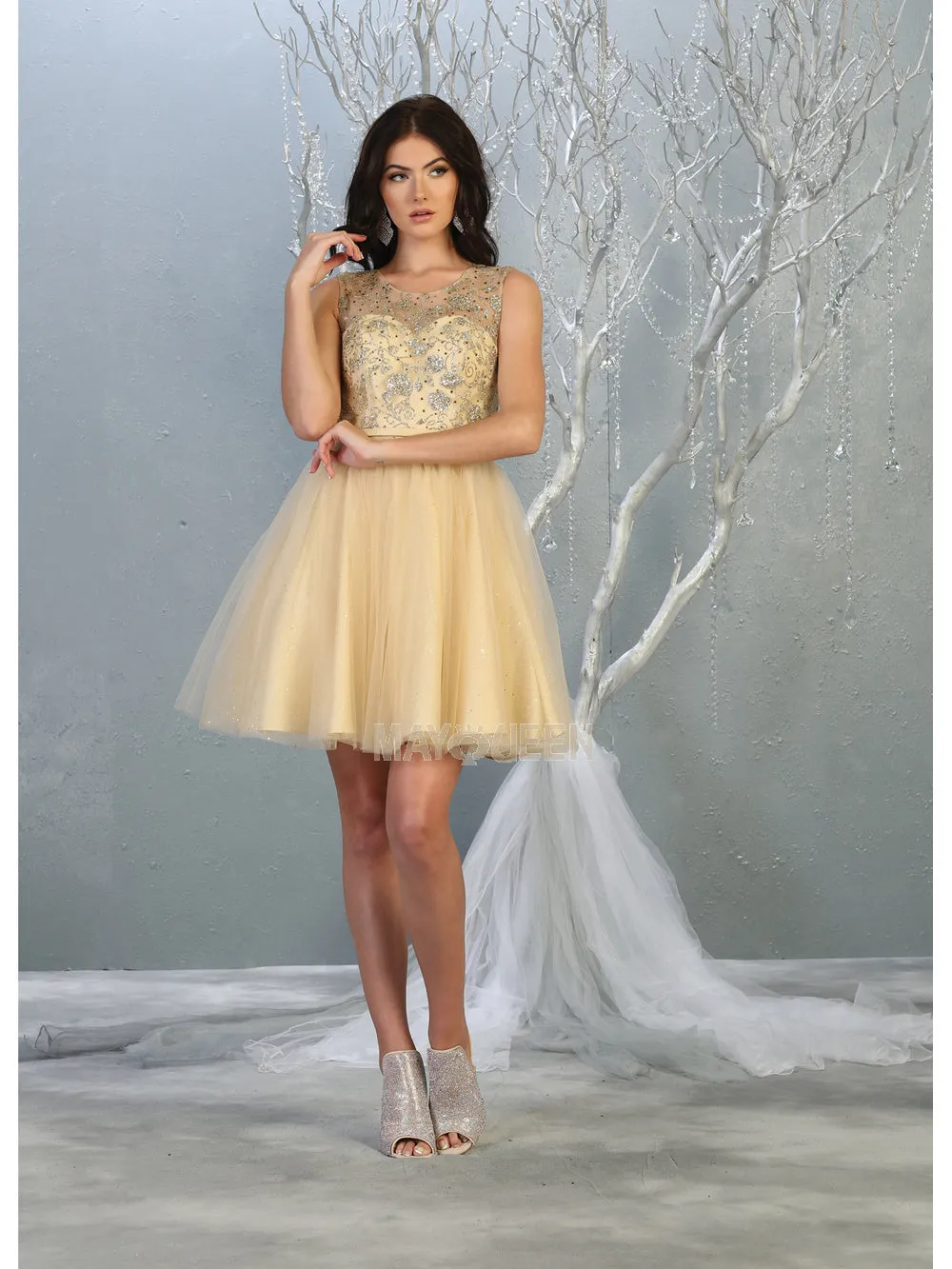 MQ 1803 - Shimmer Tulle A-Line Homecoming Dress with Glitter Print Bodice